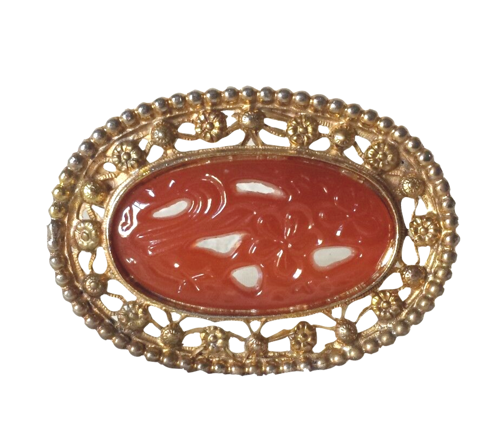 Vintage Carnelian Peking Glass Flower Design Brooch Pin 2 3/8"