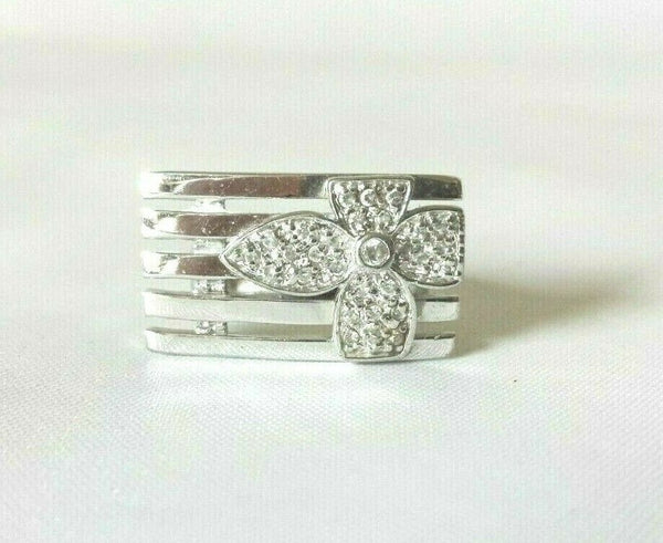 Sterling Silver 925 Flower Crystal Wide Bar Ring Sz 8 