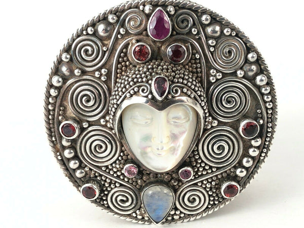 SAJEN Sterling Silver Ruby Moonstone Garnet Goddess Face Trinket Box Estate Find