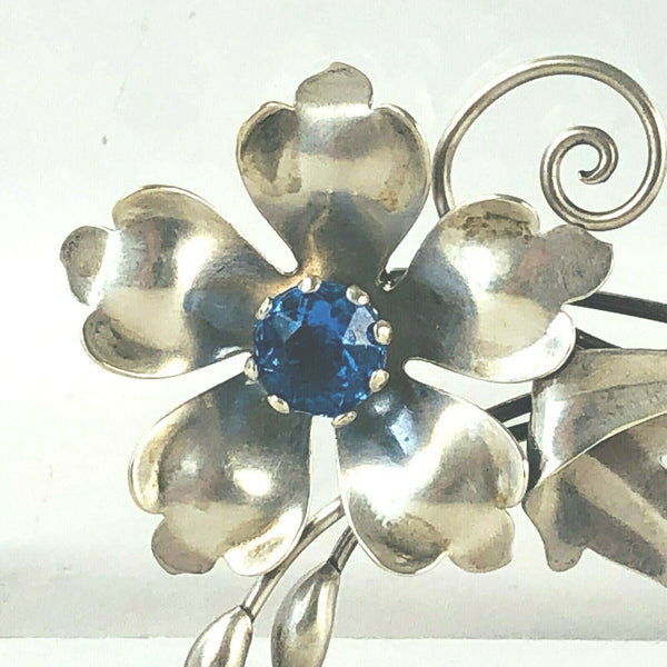 Carl-Art CA Arrow Sterling Silver 925 Blue Glass Stone Flower Pin