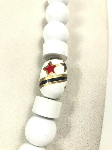 Vintage 80's Red White Blue Painted Star Wood Bead 25" Necklace VGC