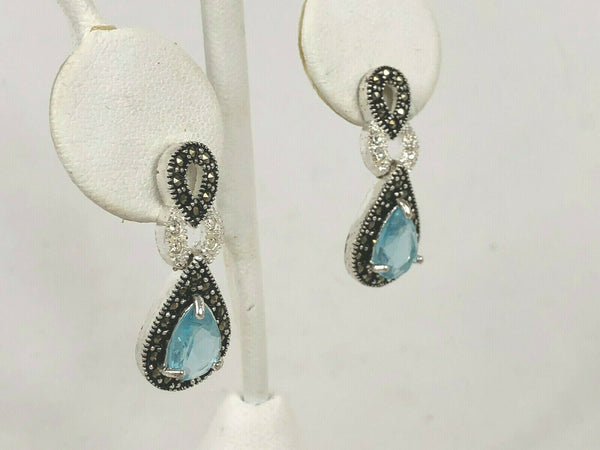NEW Sterling Silver 925 Marcasite CZ Blue Topaz Fancy Drop Dangle Earrings