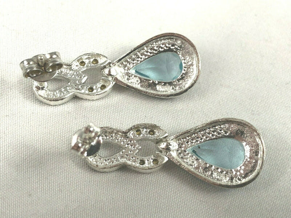 NEW Sterling Silver 925 Marcasite CZ Blue Topaz Fancy Drop Dangle Earrings