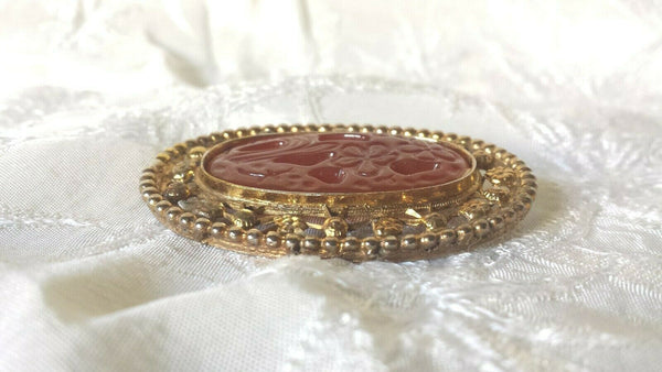 Vintage Carnelian Peking Glass Flower Design Brooch Pin 2 3/8"