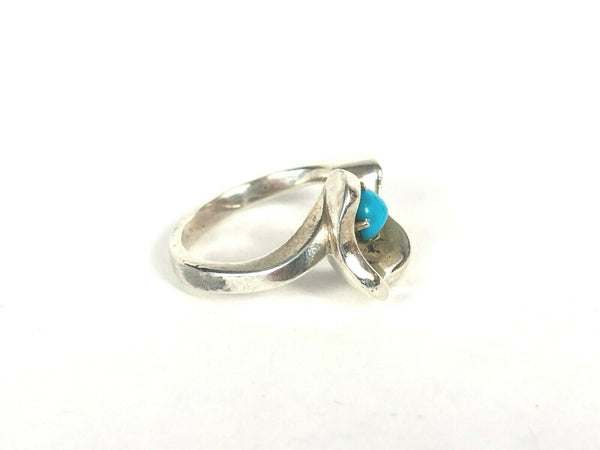 Freeform Abstract Turquoise Blue Glass Bead Sterling Silver Ring Sz 7 Estate Jewelry