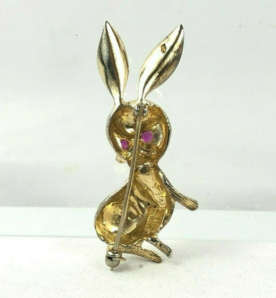 Bunny Rabbit Gold Plated Sterling Silver Ruby Eyes Rabbit Pin Brooch