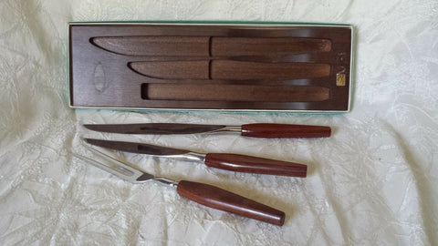 Mid Century Washington Forge Teakwood Knife and Fork Set w Original Box EXC
