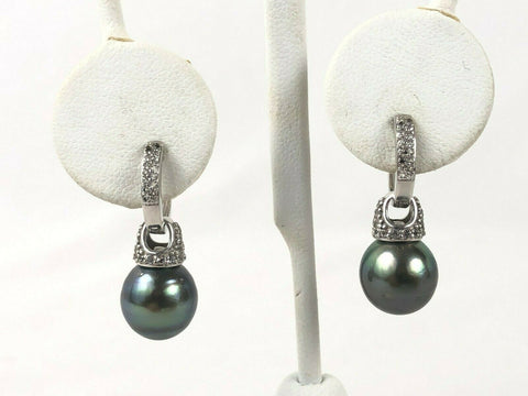 Natural Black Pearl Sterling Silver 925 CZ Convertible Earrings Pendant
