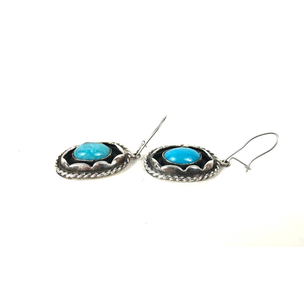 Navajo Blue Turquoise Sterling Silver Shadowbox Dangle Drop Earrings Pre-Owned